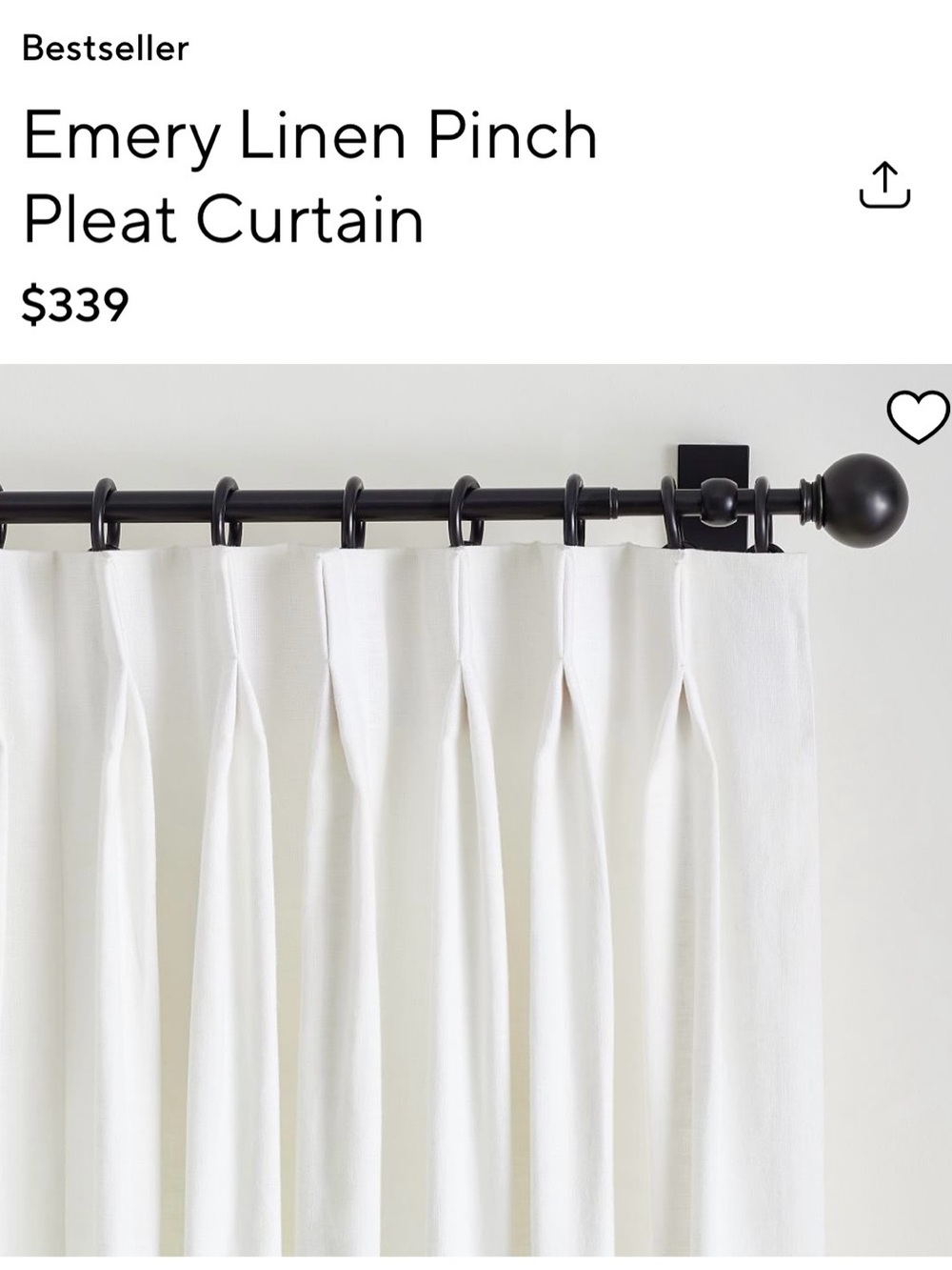Pottery Barn Whire Emery Linen Pinch Pleat Curtain Lined/Blackout — White
50x108